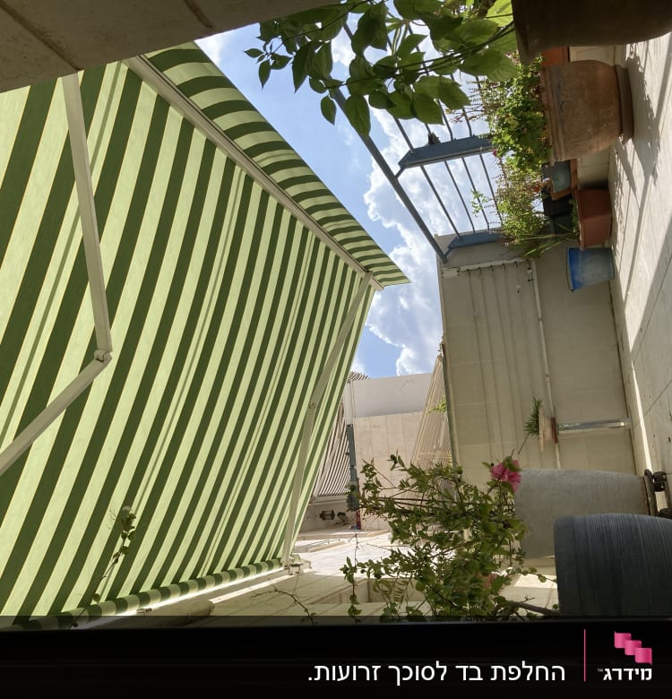 סוכך ירוק עם פסים לבנים במרפסת